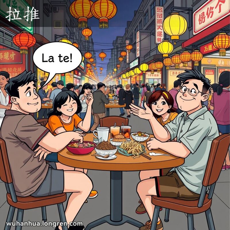 一群朋友在武汉夜市街边摊围坐，一位朋友挥手表示“拉推”，背景是热闹的夜市摊贩和人群