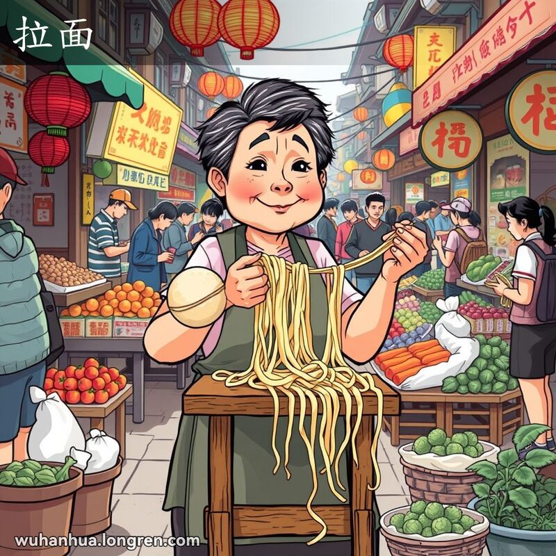 一位中年妇女在武汉街市上制作手拉面，背景是热闹的市场摊位和当地人互动。