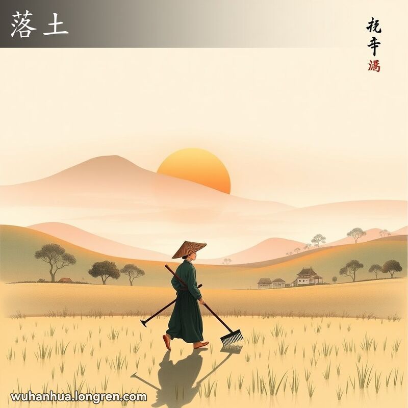 农民在夕阳下背着农具从田间归来，背景是宁静的乡村风光