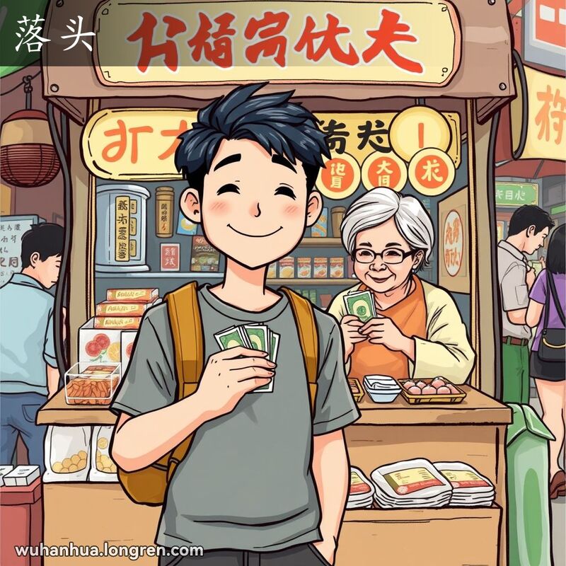 一位年轻男子站在武汉街头小摊前，手持现金，脸上带着满意的笑容，背景是热闹的市场和数钱的摊主