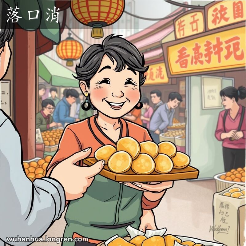 武汉街头小吃摊，摊主递给顾客“落口消”小吃，背景是热闹的市场