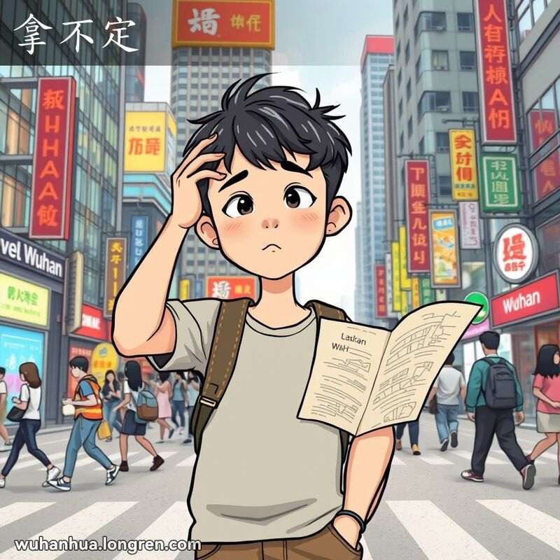 一位年轻的武汉市民站在十字路口，手持地图，露出“拿不定”的表情，背景是繁忙的武汉街景