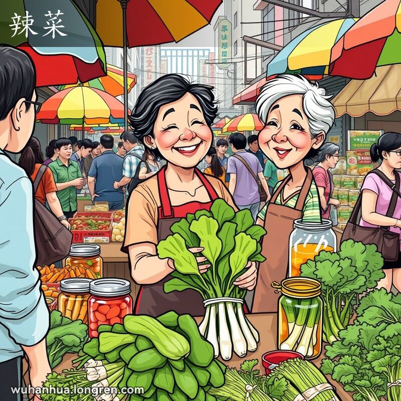 武汉街头市场，摊位上摆放着新鲜的芥菜，摊主微笑着面对顾客，背景是热闹的市场场景。