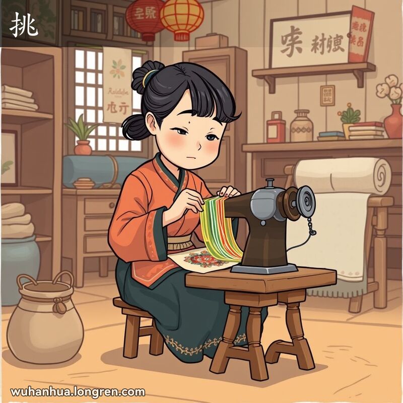 一位武汉妇女坐在缝纫机前，用丝线编织布料，背景是温馨的老式房间