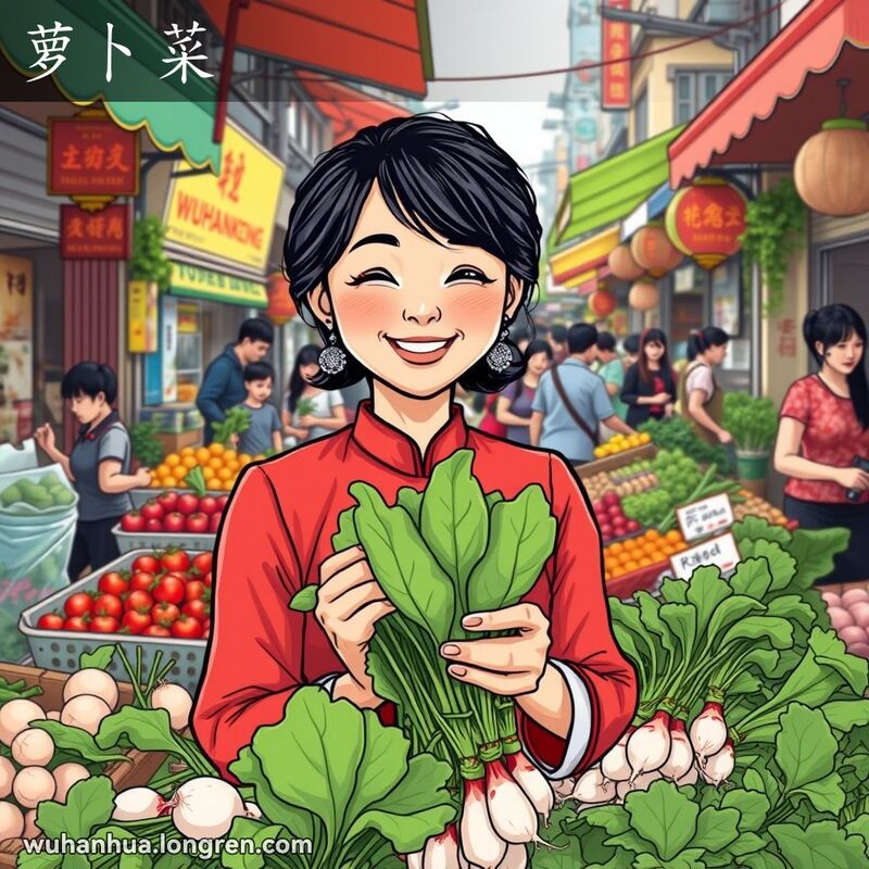 一位武汉妇女在市场摊位前手持萝卜叶，背景是繁忙的市场和其他蔬菜摊位