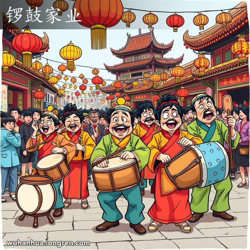 武汉街头传统打击乐器表演，乐手们演奏锣、鼓、钹，背景是挂满彩灯的老街和观众