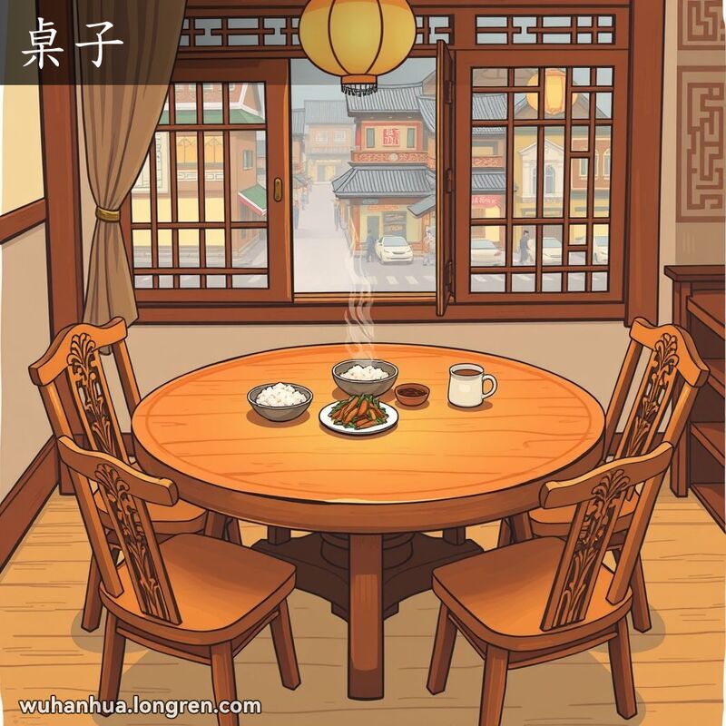 温馨的武汉家庭场景，圆形木质桌子上摆放着家常饭菜，背景是繁忙的武汉街景