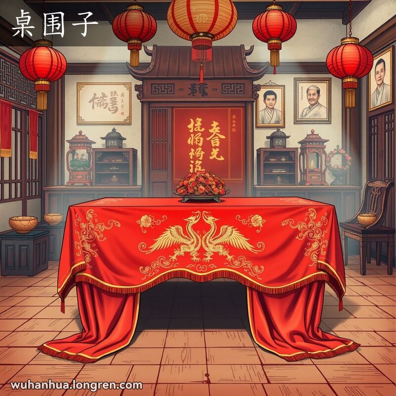 武汉传统婚丧嫁娶或祭祀仪式中，桌前悬挂着精美的‘桌围子’，背景有红灯笼和香炉