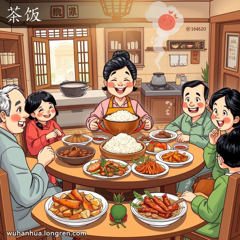 一个武汉家庭围坐在圆桌旁，享用丰盛的茶饭，主角是一位手持米饭的中年妇女，背景是传统厨房和街景