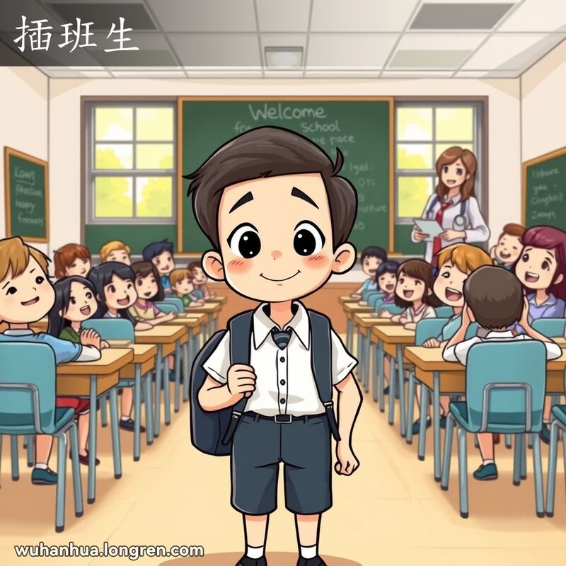 一位新生站在新教室前，背着书包，表情兴奋和紧张，老师微笑迎接，背景是阳光明媚的学校