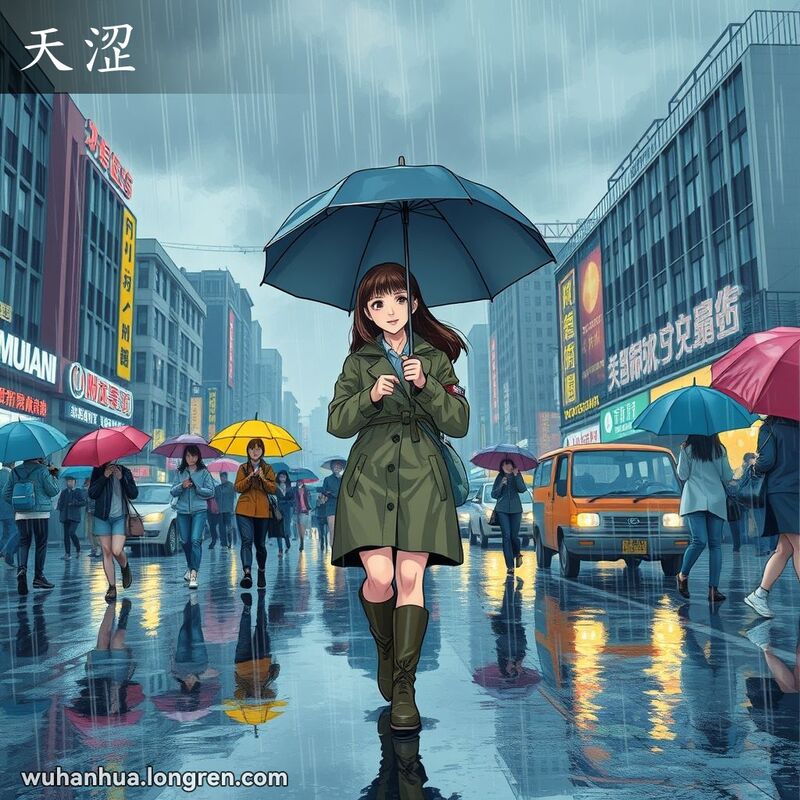 武汉街头雨天景象，一位女子手持雨伞匆匆走过，背景有湿漉漉的街道和躲雨的行人