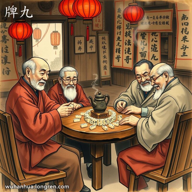 一群老年人在武汉茶馆内围坐玩牌九，背景有红灯笼和书法挂轴
