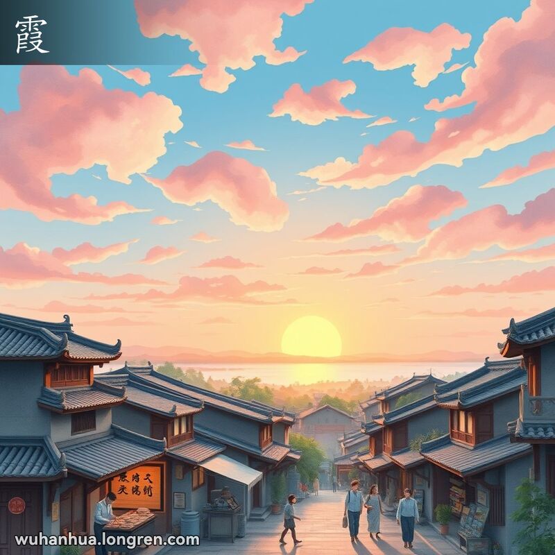 武汉长江边的清晨景象，天空中布满朝霞，阳光洒在城市上，前景是传统街景和早起的市民