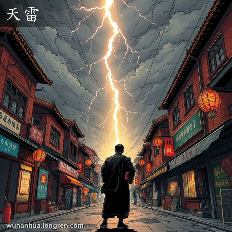 武汉老街场景，闪电击中手持碗米的人影，背景有红砖墙和旧招牌