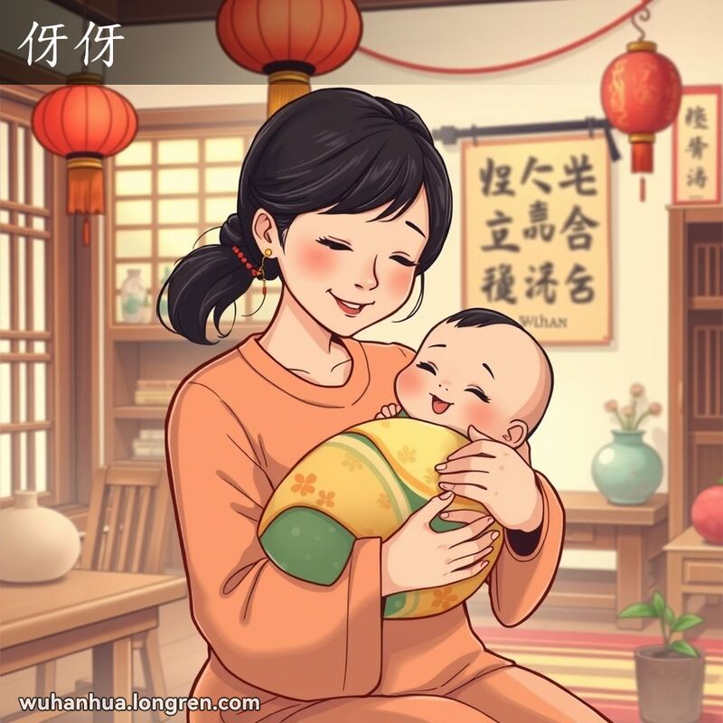 一位母亲在温馨的家中怀抱着可爱的婴儿，背景有传统中国装饰