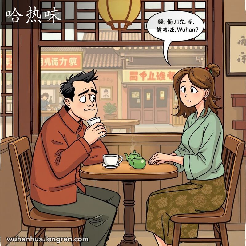 一位男子和一位女子在茶馆里对坐，男子神情冷淡，女子带着困惑的表情，背景是温馨的茶馆环境