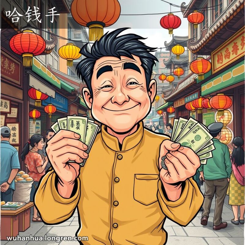 一位中年男子在武汉街市中手持钞票，脸上带着狡黠的笑容，背景是繁忙的街市场景