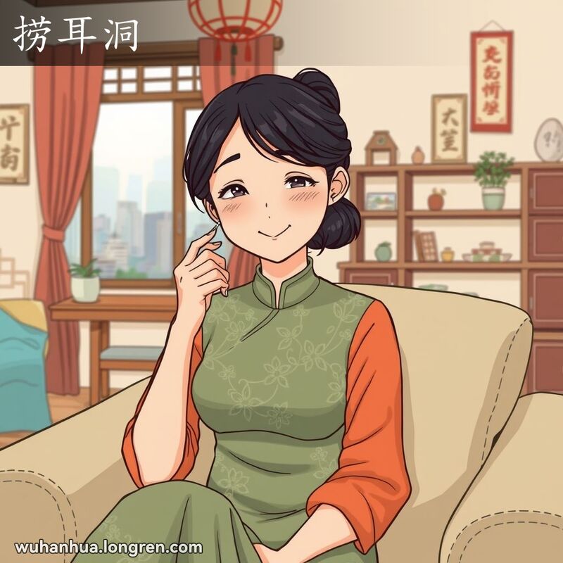 一位年轻的武汉女子坐在客厅里，用耳挖子清理耳朵，脸上带着轻松满足的微笑，背景是武汉家庭场景