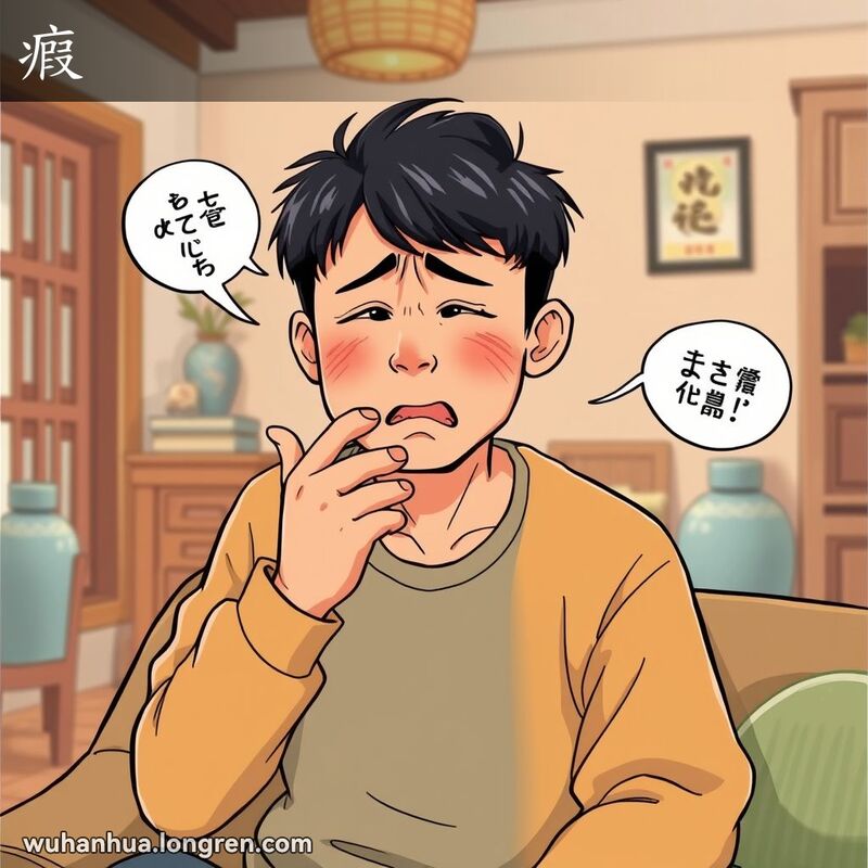 一位武汉市民坐在家中，捂着喉咙，面露痛苦，试图说话但显得非常困难，表现喉咙嘶哑的情景。