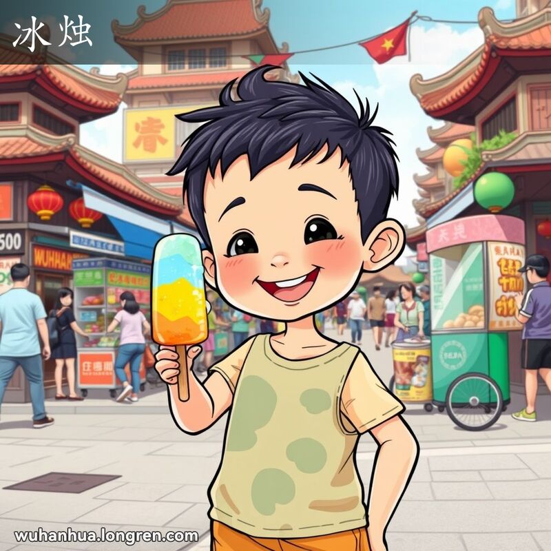 一位武汉孩子在街头手持冰棒，脸上露出开心的笑容，背景是繁忙的武汉街道