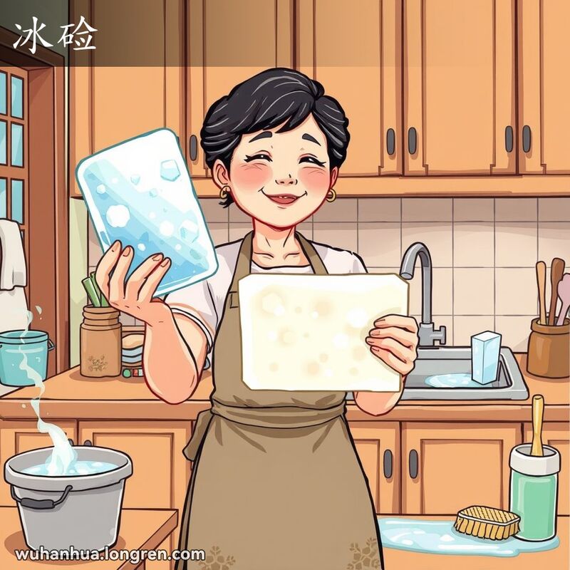 一位中年妇女在厨房中手持冰硷准备清洁，背景有水桶和刷子