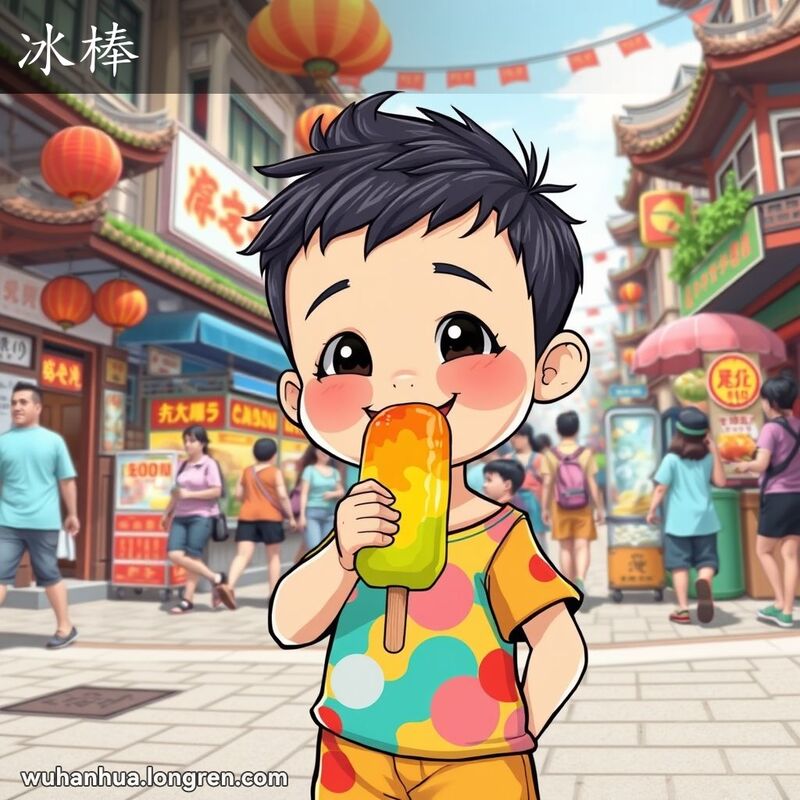 一位武汉孩子在街角开心地舔着冰棒，背景是热闹的武汉街景。