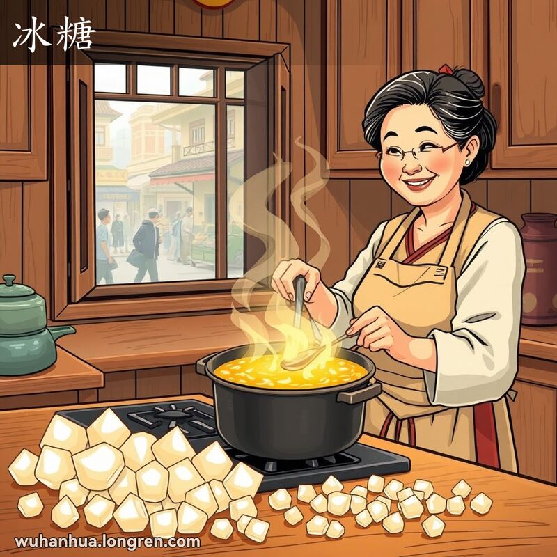 一位中年妇女在传统厨房中制作冰糖，桌上摆放着透明或半透明的冰糖结晶，背景是武汉街景
