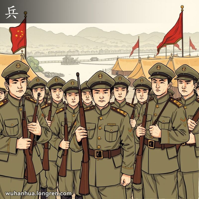 一群身穿传统中国军装的士兵站在武汉旧军营前，手持老式步枪，背景是帐篷、旗帜和长江