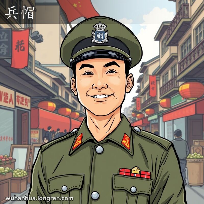 一位士兵站在武汉街头，头戴传统军帽，背景是老建筑和热闹市场