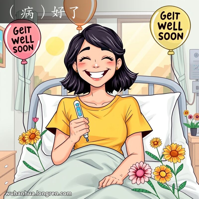 一位年轻女性坐在医院病床上，脸上带着灿烂的笑容，手臂上缠着绷带，手中拿着体温计，周围环绕着五彩的康复气球和鲜花，象征着她已经从疾病中康复。