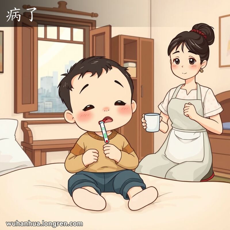一位武汉小孩坐在床上，口含体温计，母亲站在床边，手持温水，背景是温馨的家庭场景