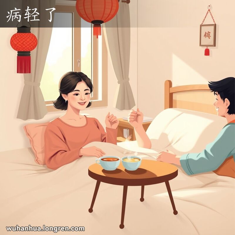 一位女性在床上坐起，脸色红润，露出微笑，显示出病情有所好转的迹象，床边有家人陪伴，房间布置简朴，有传统中国元素如红灯笼和盆栽。