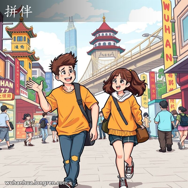 两位年轻朋友在武汉街头合作完成任务，背景是黄鹤楼和长江大桥