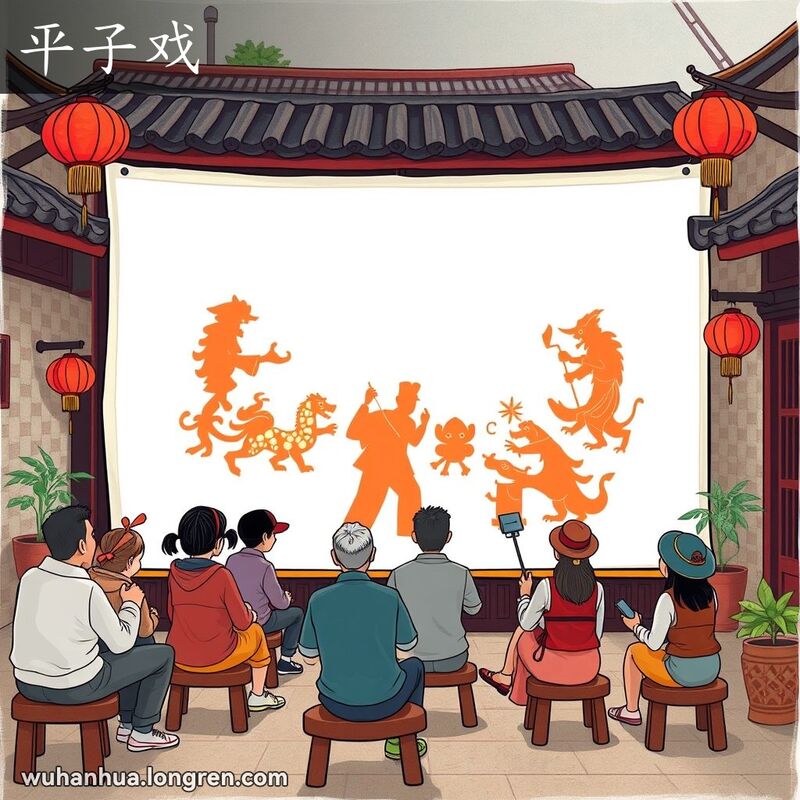传统皮影戏表演，艺人在幕后操控皮影人物，观众坐在小板凳上观看，背景是武汉老街景