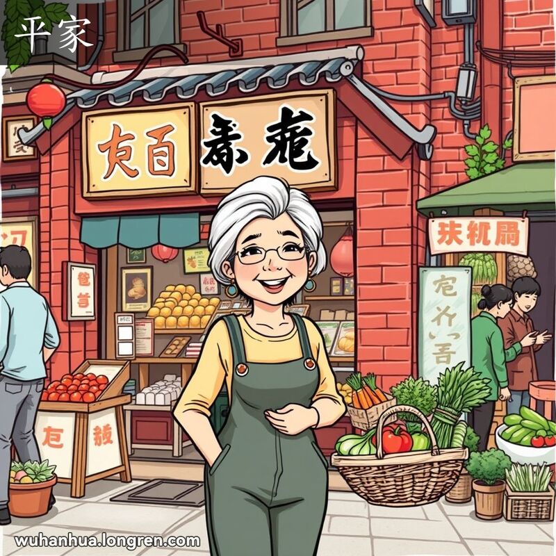 一位中年妇女站在武汉街头的“平家”小店前，手持一篮新鲜蔬菜，微笑着与邻居交谈，背景是热闹的市场景象。