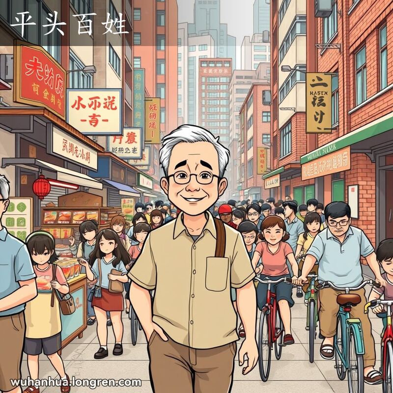 一位中年男子在武汉街头悠闲散步，周围是传统小吃摊和骑自行车的人，背景是混合现代和传统建筑的街景