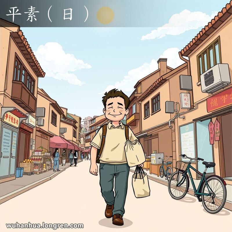 一位男子在武汉老街上悠闲地走着，手提日常用品，背景是老旧建筑和小市场，天空晴朗，阳光明媚，表现出平日里的普通感觉。