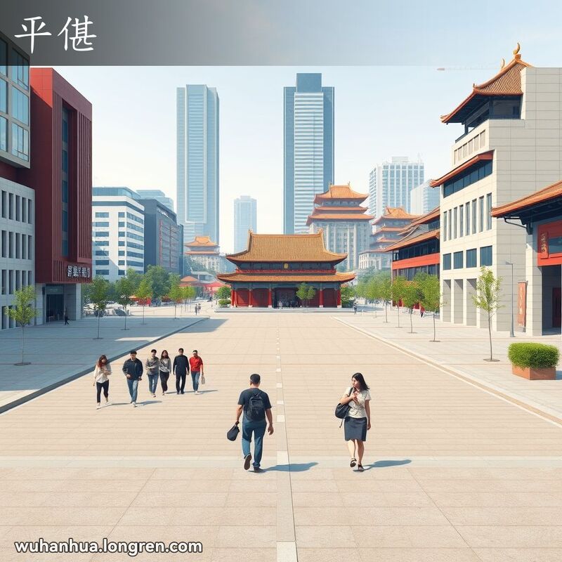 一条宽阔、平坦且整齐的武汉街道，街道两旁是现代建筑和传统建筑的结合，几位当地居民悠闲地行走，背景中现代高楼和历史悠久的寺庙共存。