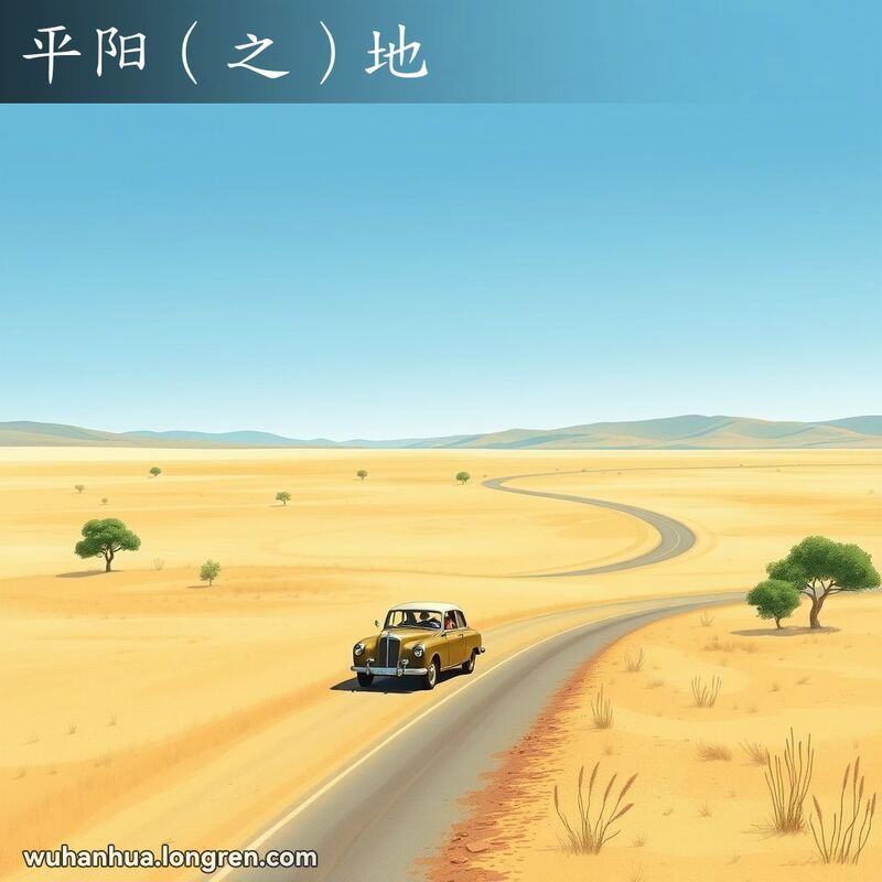 广阔平原景象，天空晴朗，老式汽车在平坦道路上行驶，车内一家人享受驾驶