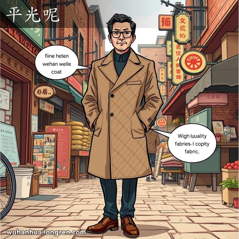 一位武汉市民穿着斜纹大衣，手持皮鞋，背景是繁忙的武汉市场