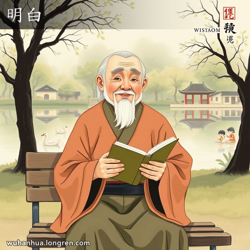 一位武汉老人坐在公园长椅上，手持书本，面带微笑，背景是宁静的湖泊和嬉戏的孩童，象征“明白”的含义。