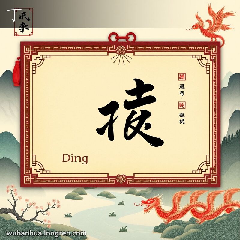 传统中国农历页面，显示天干第四位‘丁’，背景为山水画和传统图腾