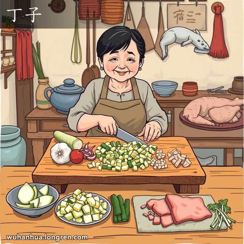 一位中年妇女在厨房中切黄瓜、萝卜、干子、鸡肉和火腿丁子，背景是传统厨房