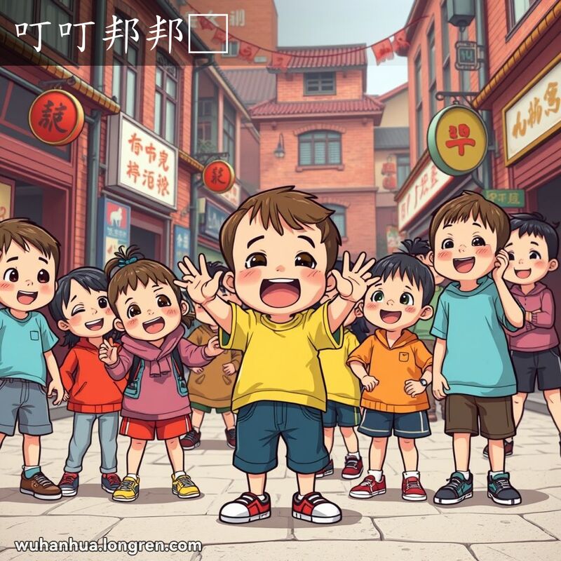 一群武汉儿童在街头玩猜拳游戏，中间的孩子高举双手，喊着“叮叮邦邦□”，其他孩子围观。