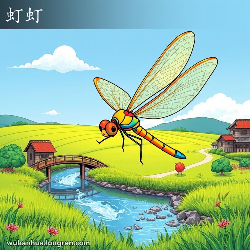 一只蜻蜓在武汉乡村河边飞舞，背景有蓝天、绿地和孩子们在玩耍