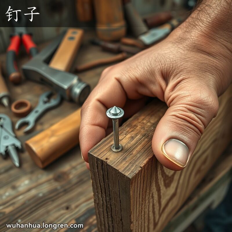 一只手握着一颗金属钉子，钉子的尖端部分嵌入木板中，背景中有一把锤子和工作坊的场景