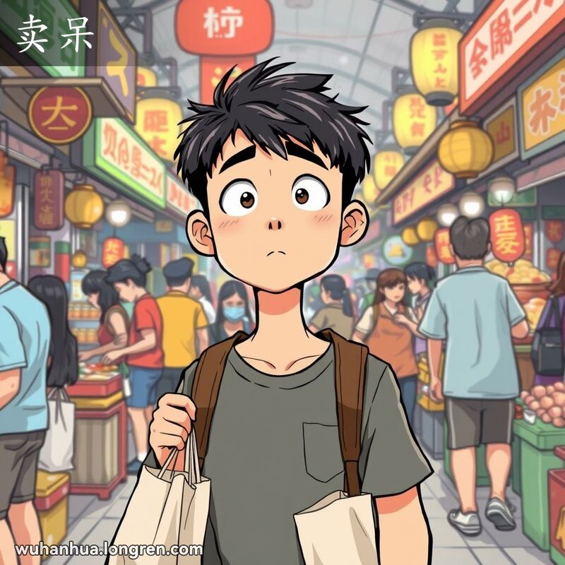 一位武汉男子在市场中手持购物袋，目光呆滞，背景是繁忙的市场景象