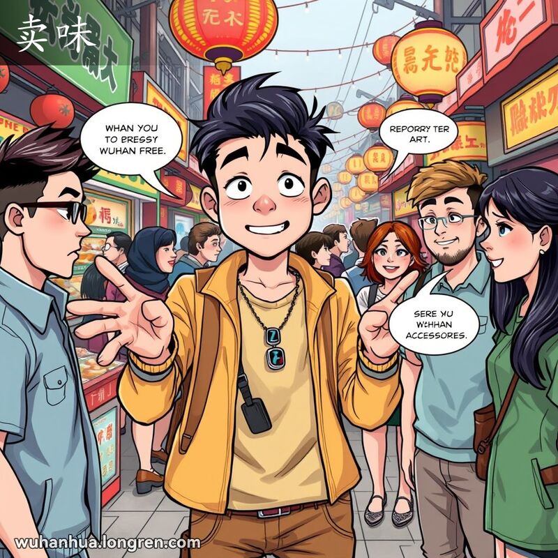 一位年轻的武汉市民在街头市场中炫耀，朋友们以娱乐和怀疑的表情聆听，背景是色彩斑斓的街头摊贩和熙熙攘攘的人群