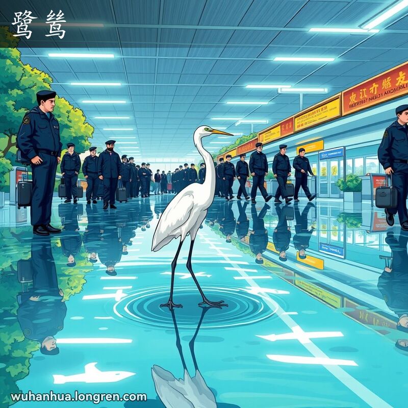 一只白鹭站在宁静的湖水中，背景是绿意盎然的湖景