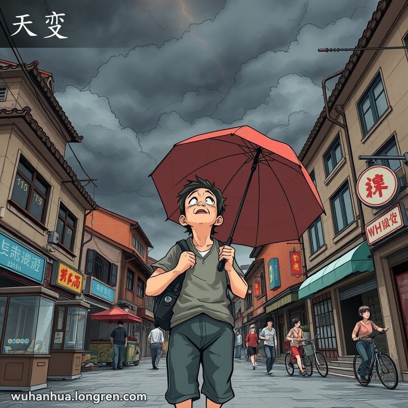 武汉老街景，天空乌云密布，一位居民手持雨伞仰望天空，背景有小贩收摊和行人避雨的场景